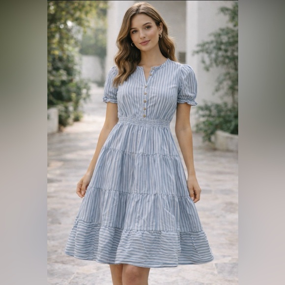 sexyasasii Dresses & Skirts - Summer Blue and White Striped Tiered Midi Dress with Button Front